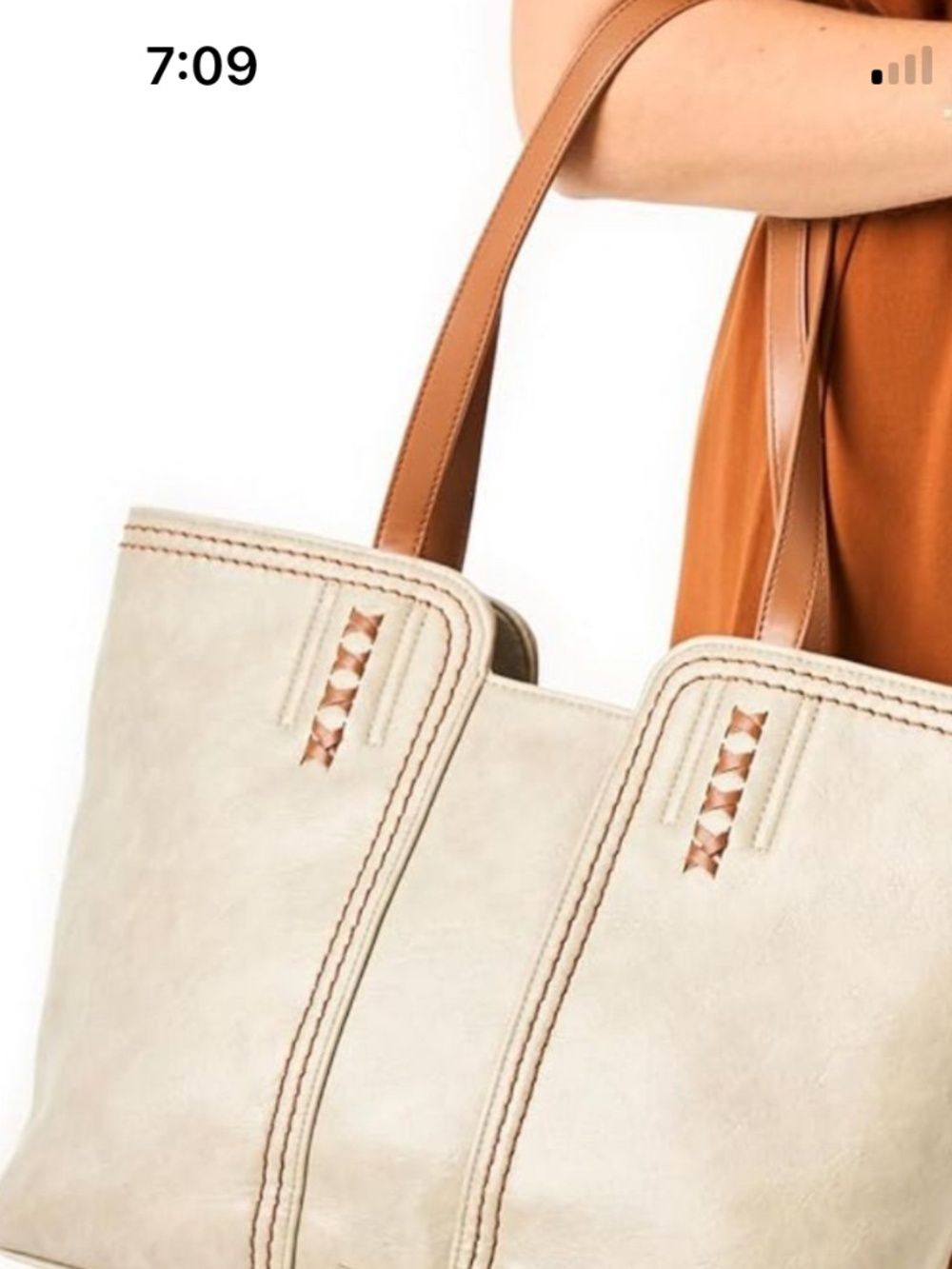 Beige Vegan Leather Satchel Tote Purse with Brown Trim